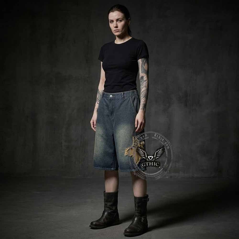 American Retro Star Patchwork Loose Denim Shorts | Gthic.com