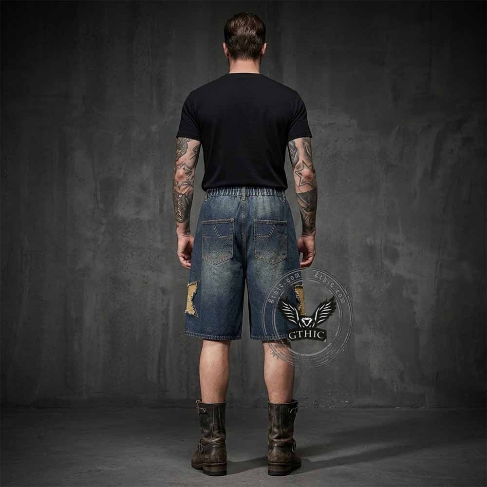 American Retro Star Patchwork Loose Denim Shorts | Gthic.com