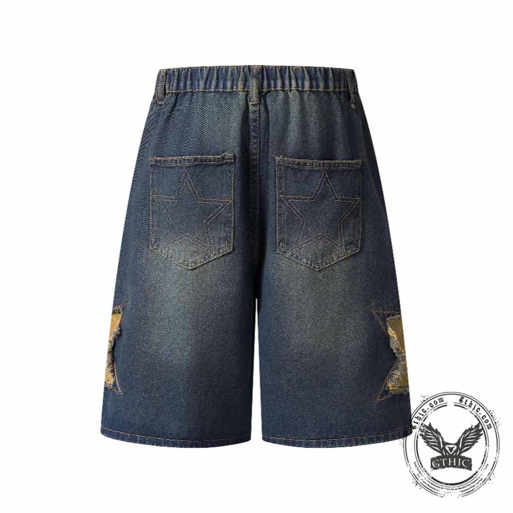 American Retro Star Patchwork Loose Denim Shorts