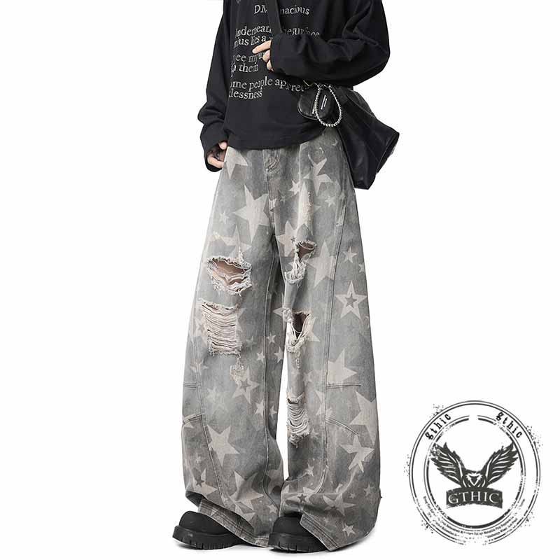 American Retro Star Print Distressed Wide-Leg Jeans 01 | Gthic.com