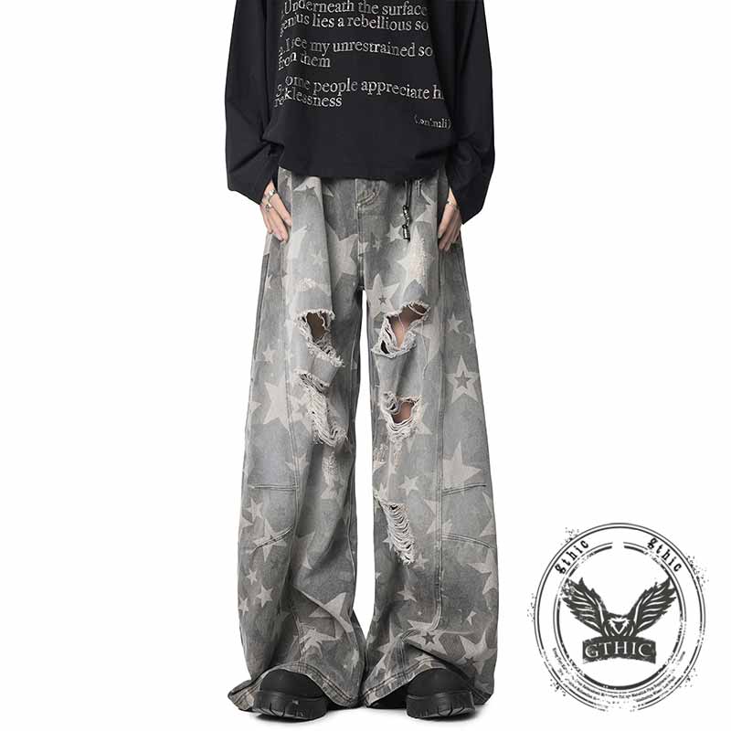 American Retro Star Print Distressed Wide-Leg Jeans 02 | Gthic.com