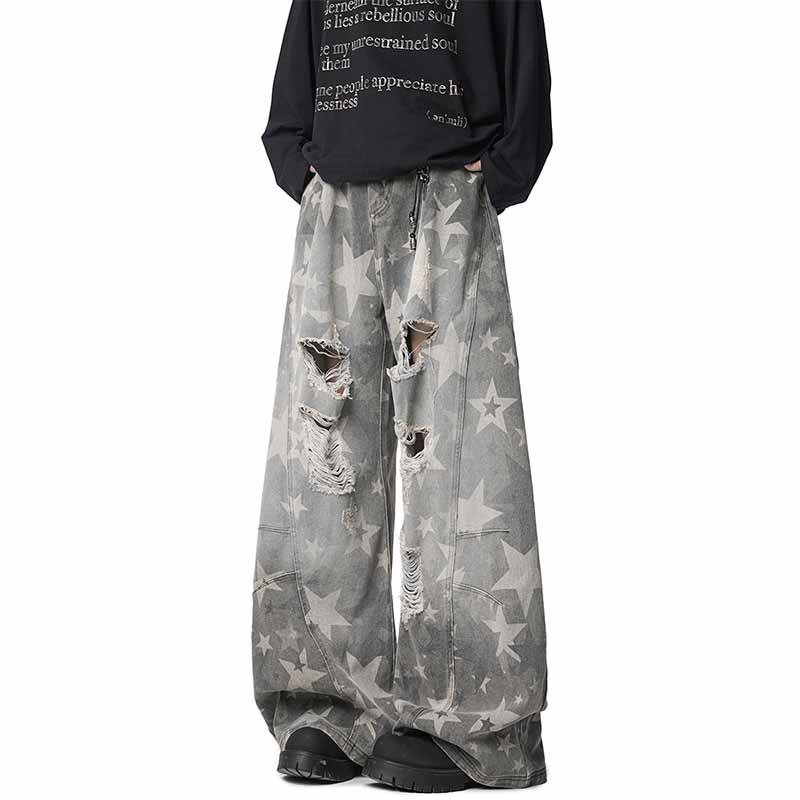 American Retro Star Print Distressed Wide-Leg Jeans 03 | Gthic.com