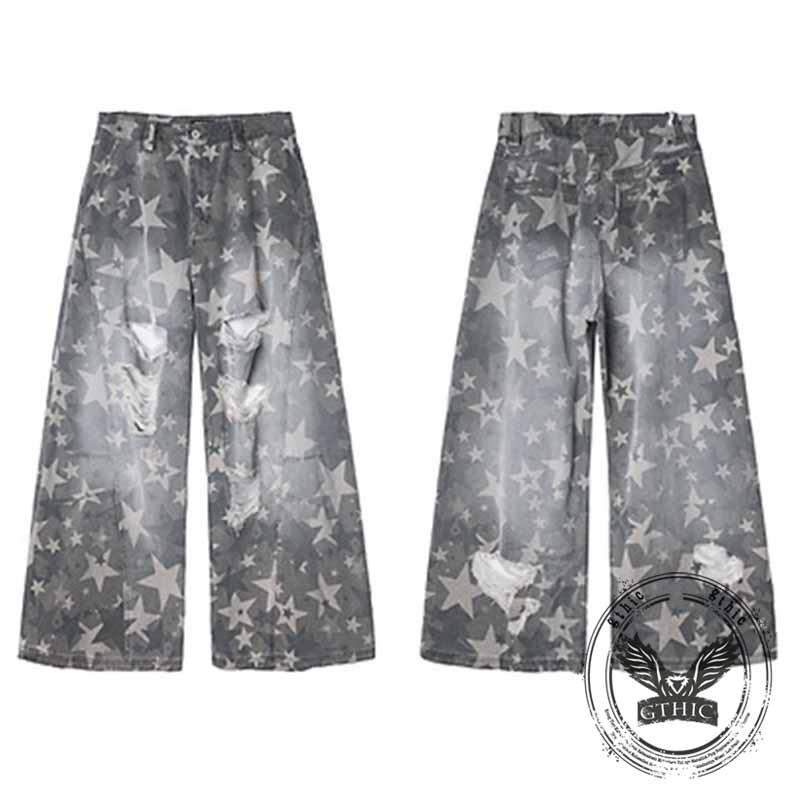 American Retro Star Print Distressed Wide-Leg Jeans