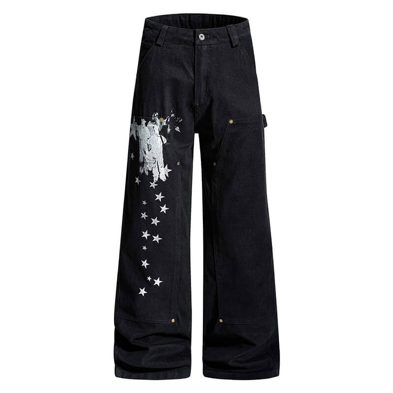 American Retro Star Print Versatile Cargo Baggy Jeans