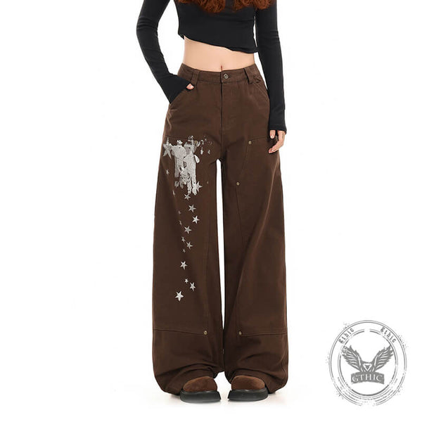 American Retro Star Print Versatile Cargo Baggy Jeans | Gthic.com