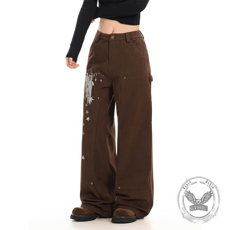 American Retro Star Print Versatile Cargo Baggy Jeans | Gthic.com