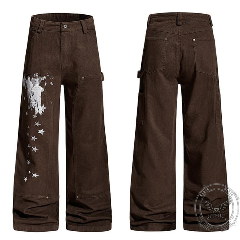 American Retro Star Print Versatile Cargo Baggy Jeans