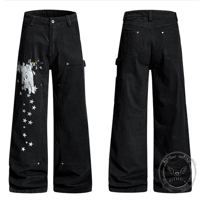 American Retro Star Print Versatile Cargo Baggy Jeans