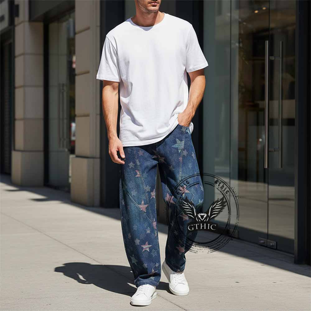 American Retro Star Print Washed Scimitar Jeans | Gthic.com