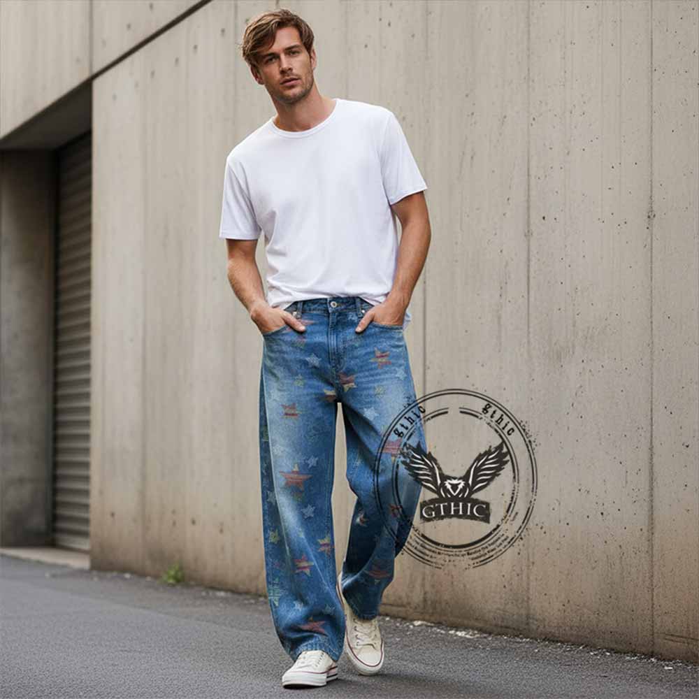 American Retro Star Print Washed Scimitar Jeans | Gthic.com