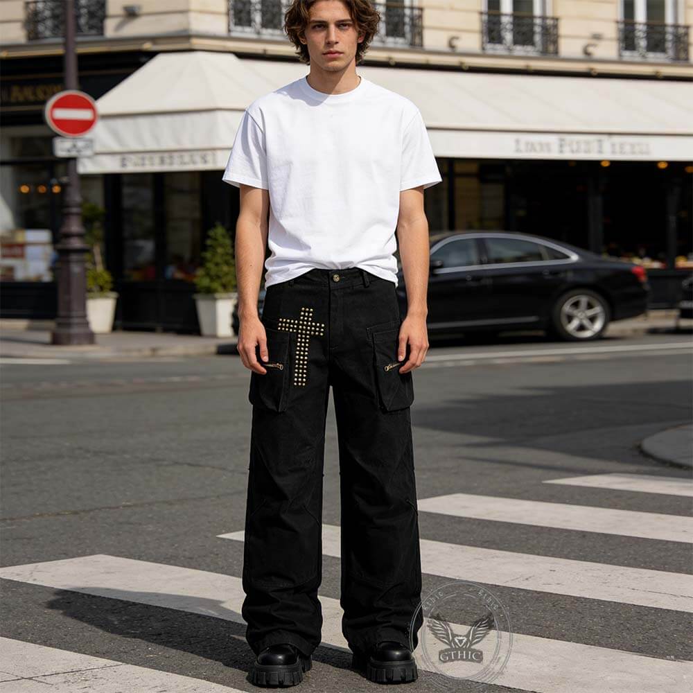 American Retro Studded Loose Straight-Leg Cargo Pants | Gthic.com