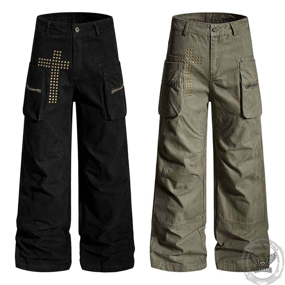 American Retro Studded Loose Straight-Leg Cargo Pants | Gthic.com