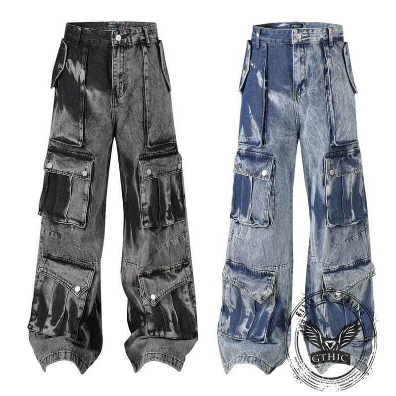 American Retro Tie-Dye Large Pocket Wide-Leg Jeans | Gthic.com