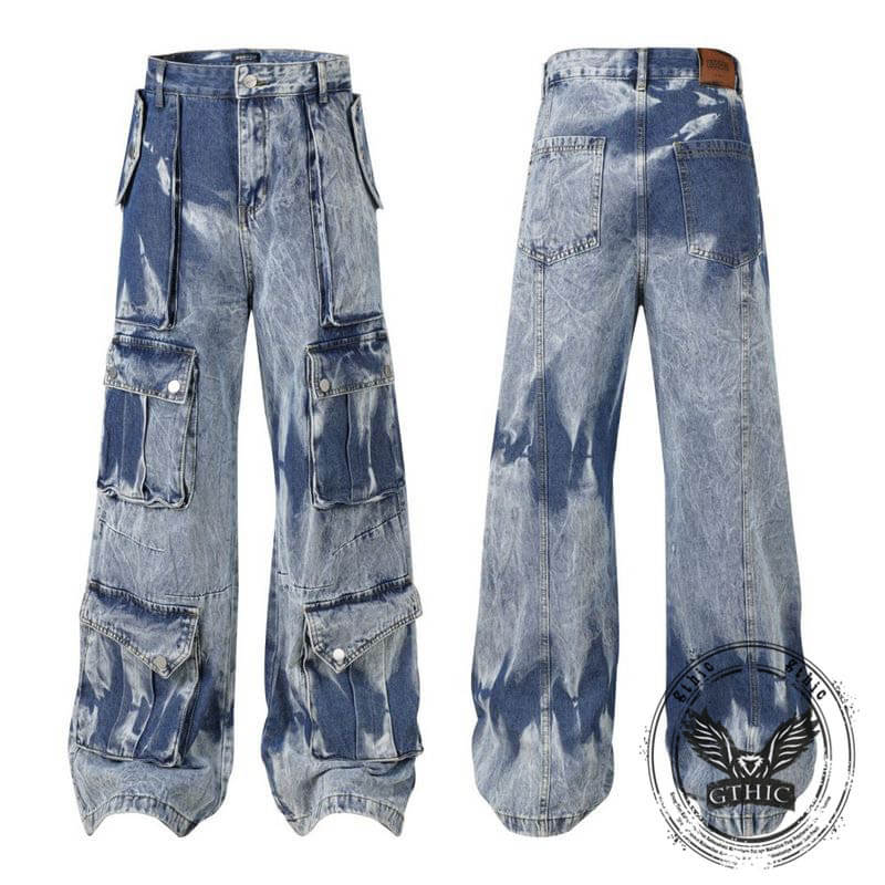 American Retro Tie-Dye Large Pocket Wide-Leg Jeans | Gthic.com
