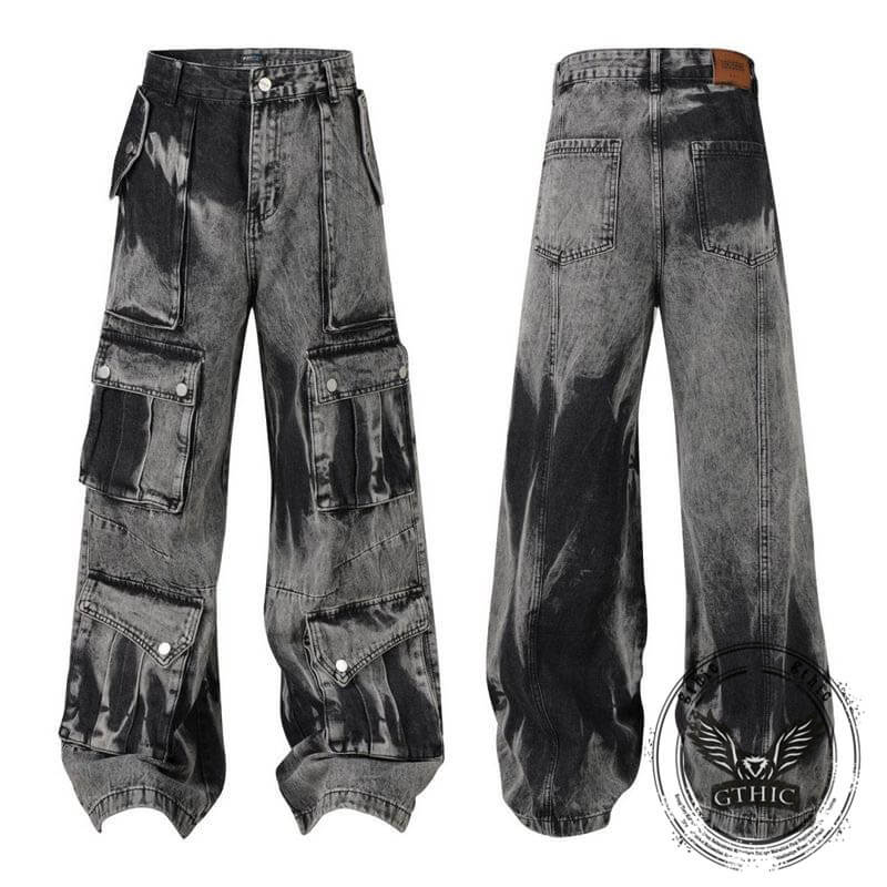 American Retro Tie-Dye Large Pocket Wide-Leg Jeans | Gthic.com
