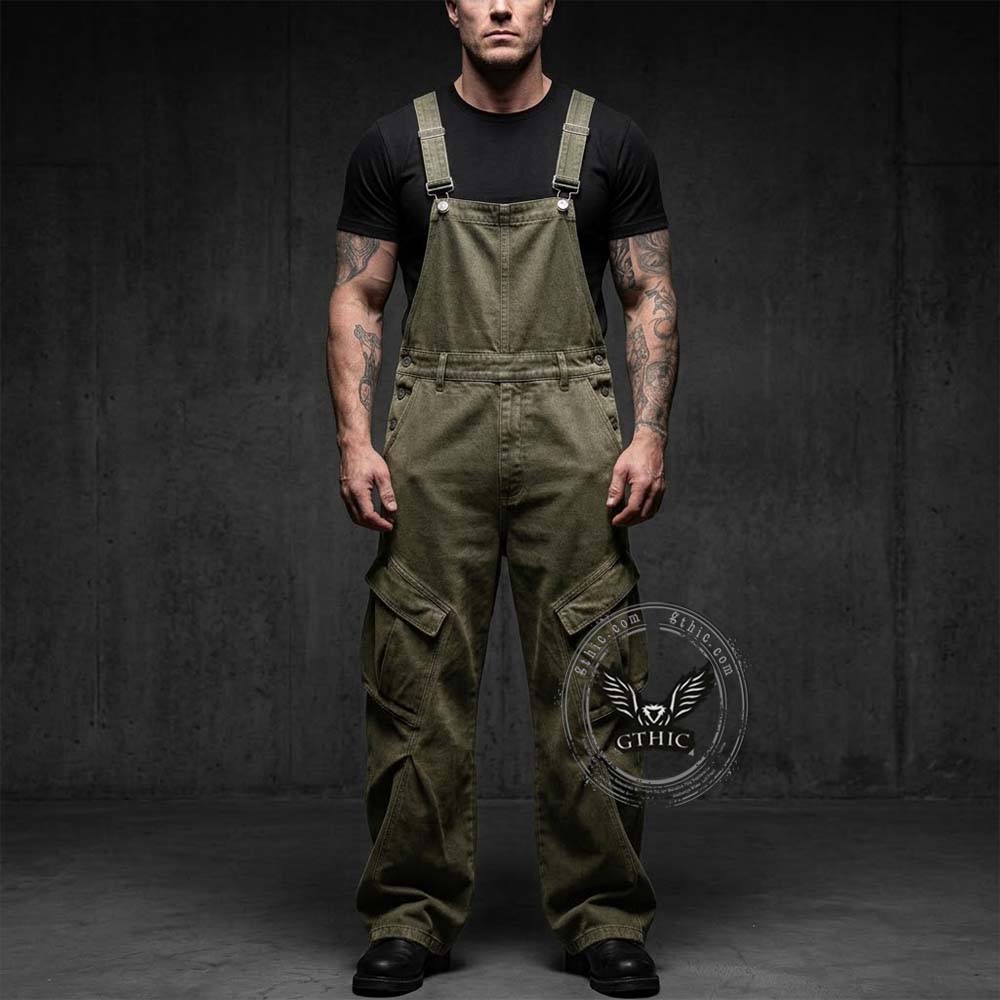 American Retro Wide Leg Large Pocket Cargo Overalls | Gthic.com
