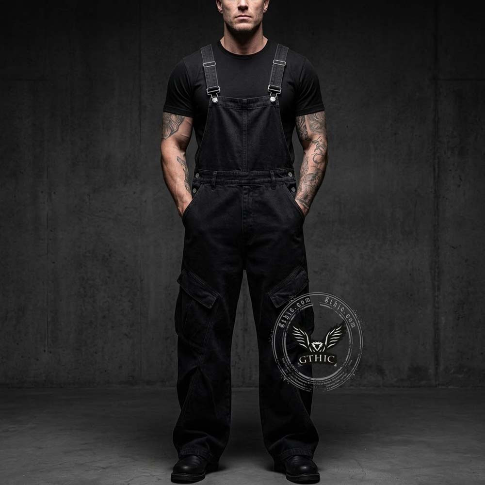 American Retro Wide Leg Large Pocket Cargo Overalls | Gthic.com