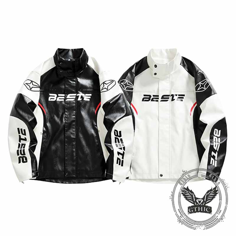 American Stand Collar PU Leather Printed Jacket 01 | Gthic.com