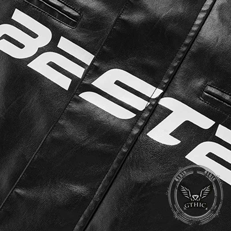 American Stand Collar PU Leather Printed Jacket