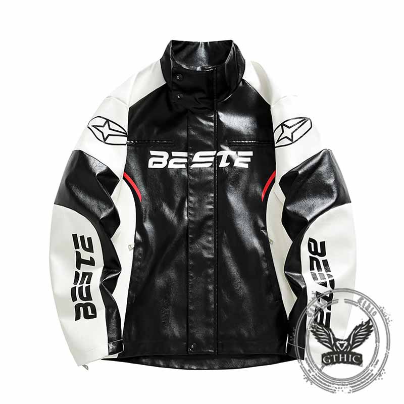 American Stand Collar PU Leather Printed Jacket