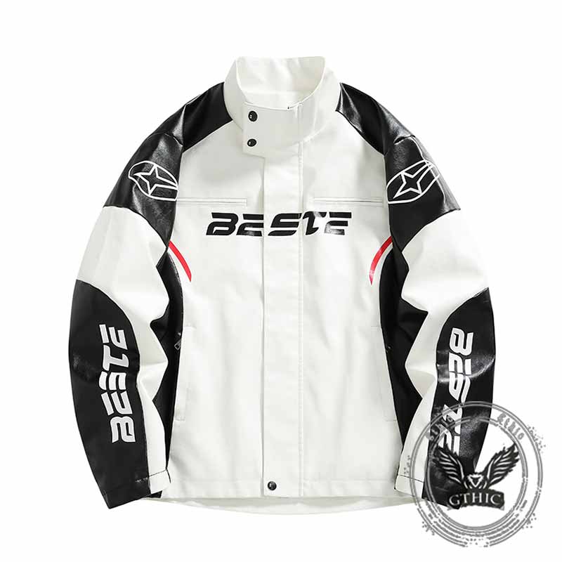 American Stand Collar PU Leather Printed Jacket