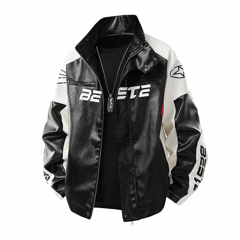 American Stand Collar PU Leather Printed Jacket