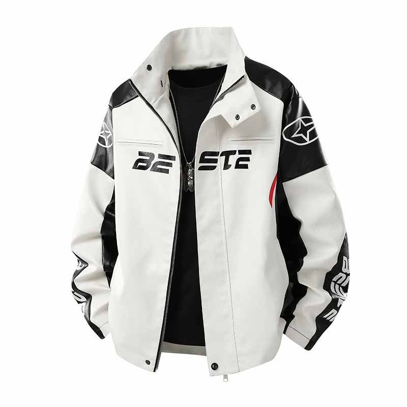 American Stand Collar PU Leather Printed Jacket