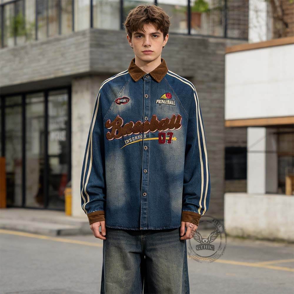 American Street Distressed Loose Lapel Denim Shirt | Gthic.com