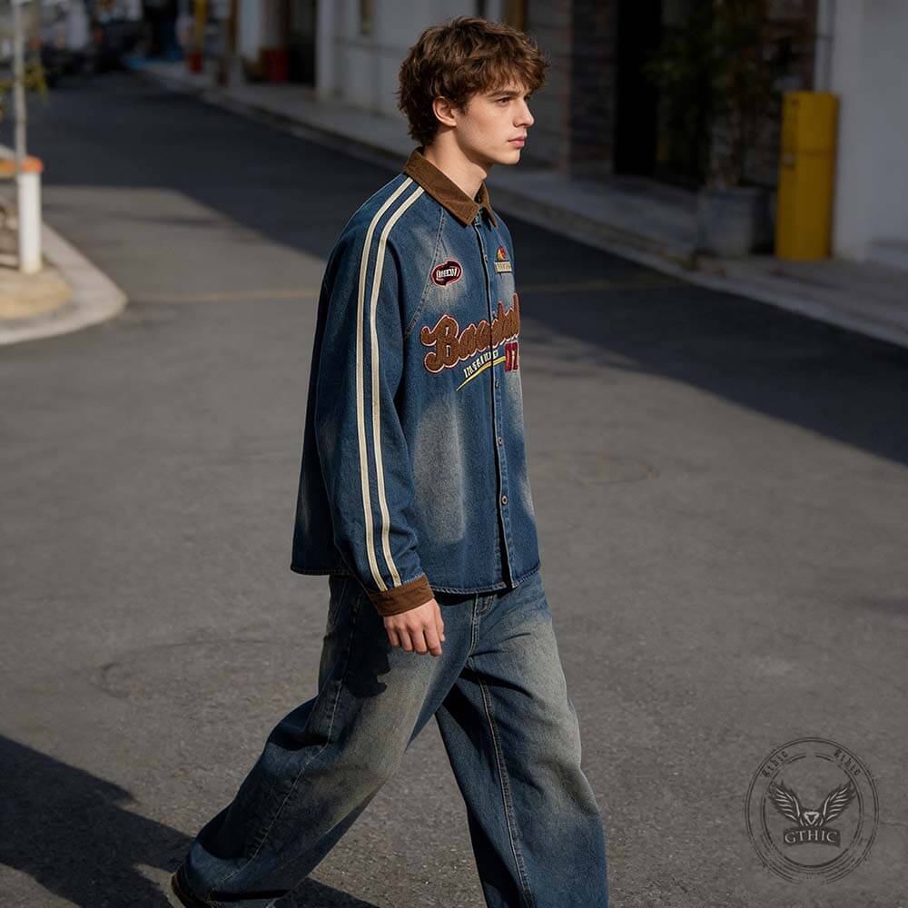 American Street Distressed Loose Lapel Denim Shirt | Gthic.com