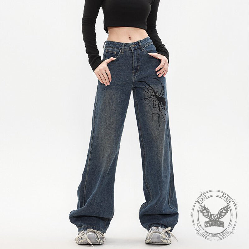 American Street Hip-Hop Spider Print Wide-Leg Jeans | Gthic.com