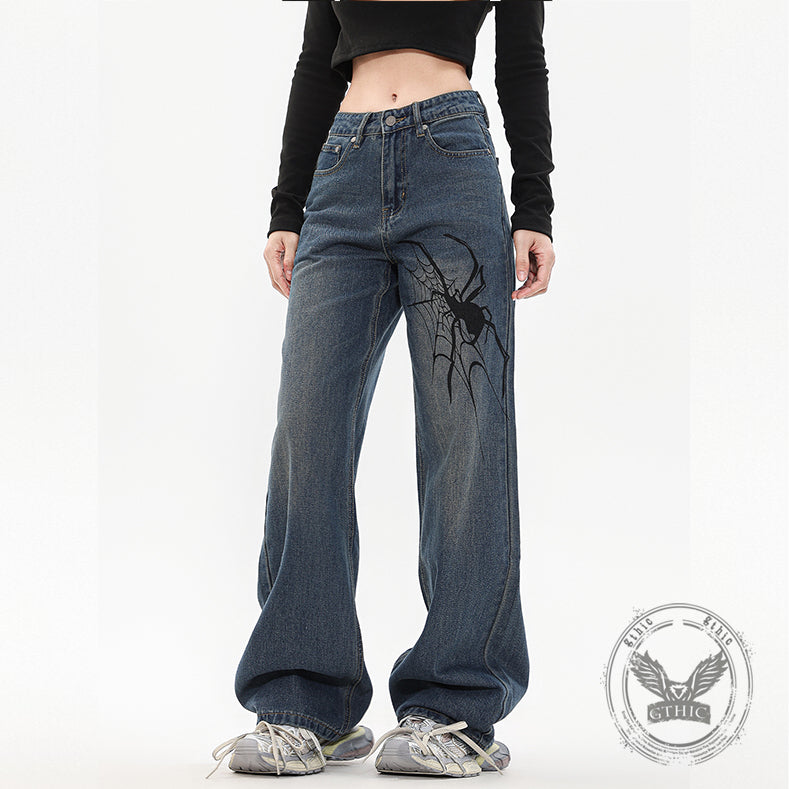 American Street Hip-Hop Spider Print Wide-Leg Jeans | Gthic.com