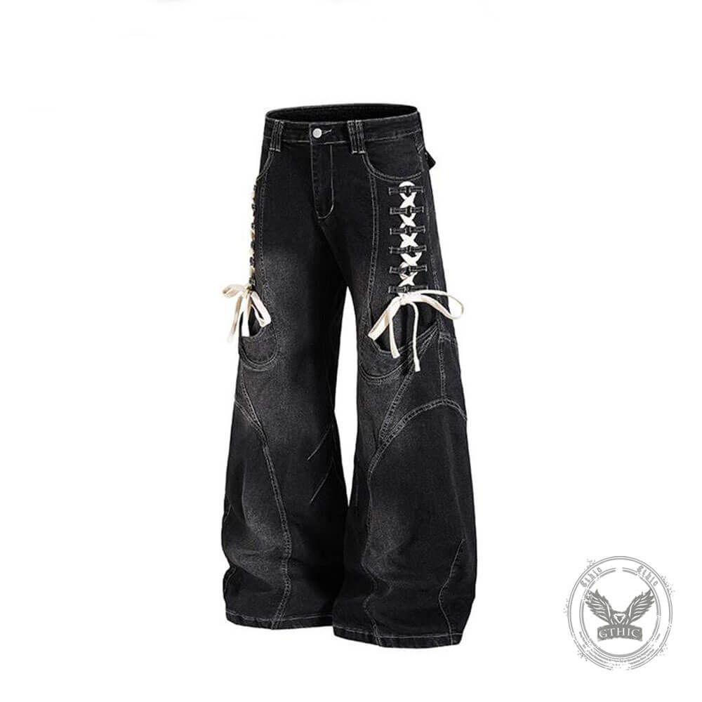 Pantaloni punk da uomo in cotone con stampa teschio patch