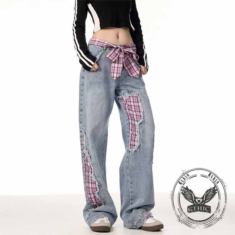 American Street Plaid Patch Straight-Leg Baggy Jeans | Gthic.com