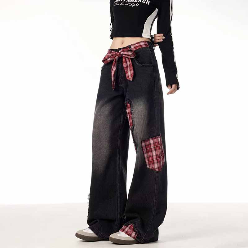 American Street Plaid Patch Straight-Leg Baggy Jeans | Gthic.com