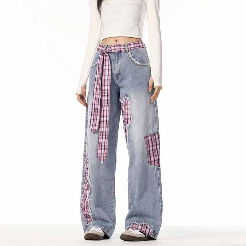American Street Plaid Patch Straight-Leg Baggy Jeans | Gthic.com