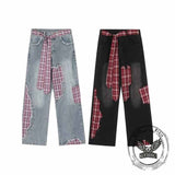 American Street Plaid Patch Straight-Leg Baggy Jeans