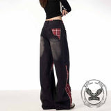 American Street Plaid Patch Straight-Leg Baggy Jeans