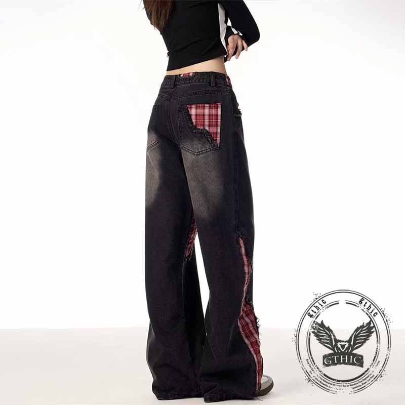 American Street Plaid Patch Straight-Leg Baggy Jeans