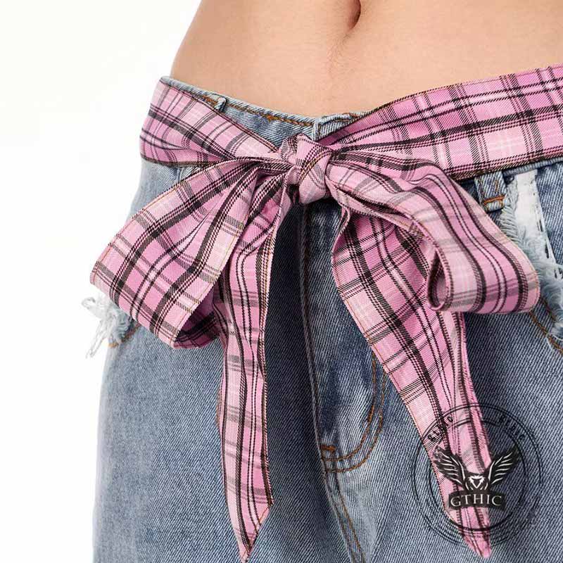 American Street Plaid Patch Straight-Leg Baggy Jeans