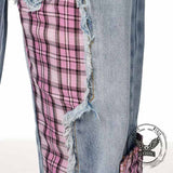 American Street Plaid Patch Straight-Leg Baggy Jeans