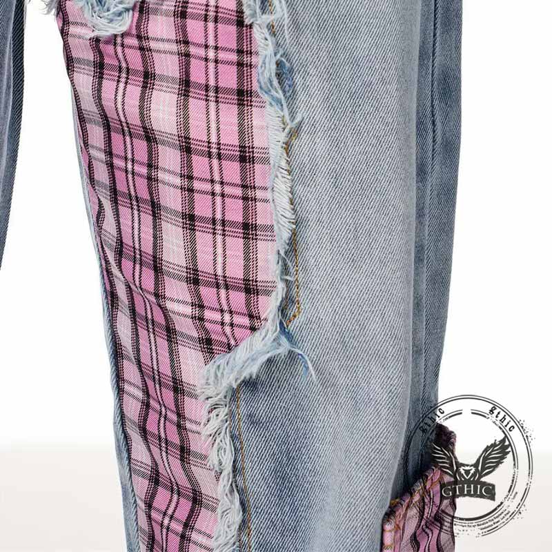 American Street Plaid Patch Straight-Leg Baggy Jeans