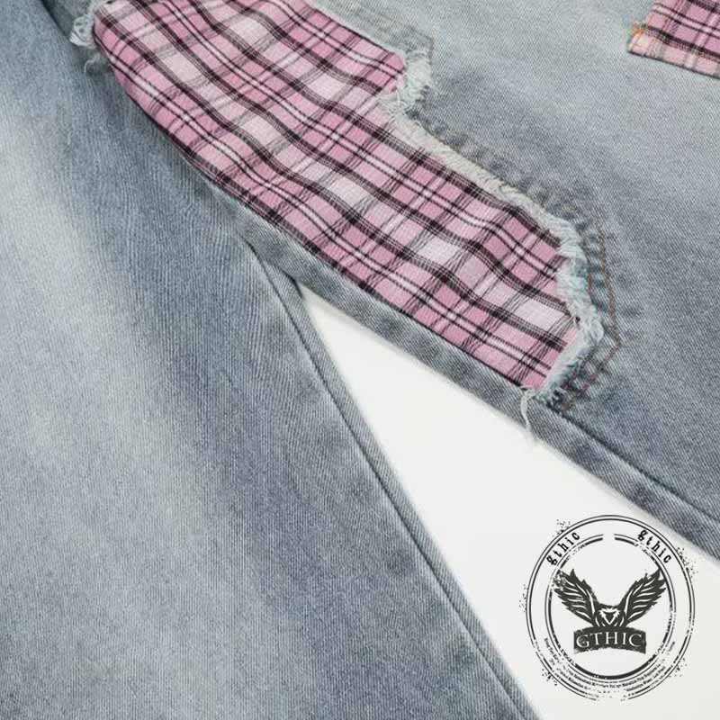 American Street Plaid Patch Straight-Leg Baggy Jeans