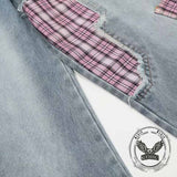 American Street Plaid Patch Straight-Leg Baggy Jeans