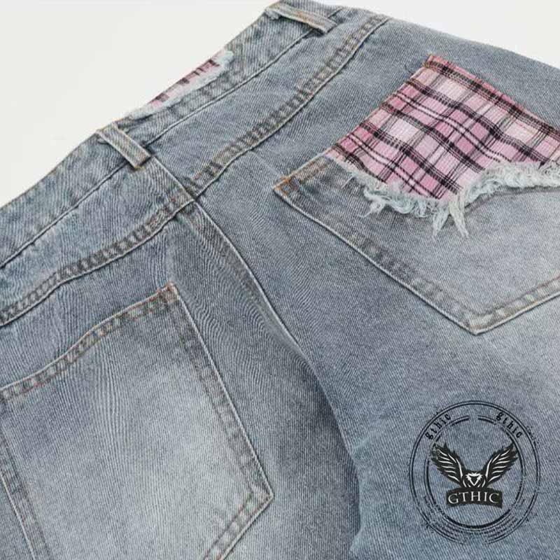 American Street Plaid Patch Straight-Leg Baggy Jeans
