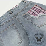 American Street Plaid Patch Straight-Leg Baggy Jeans