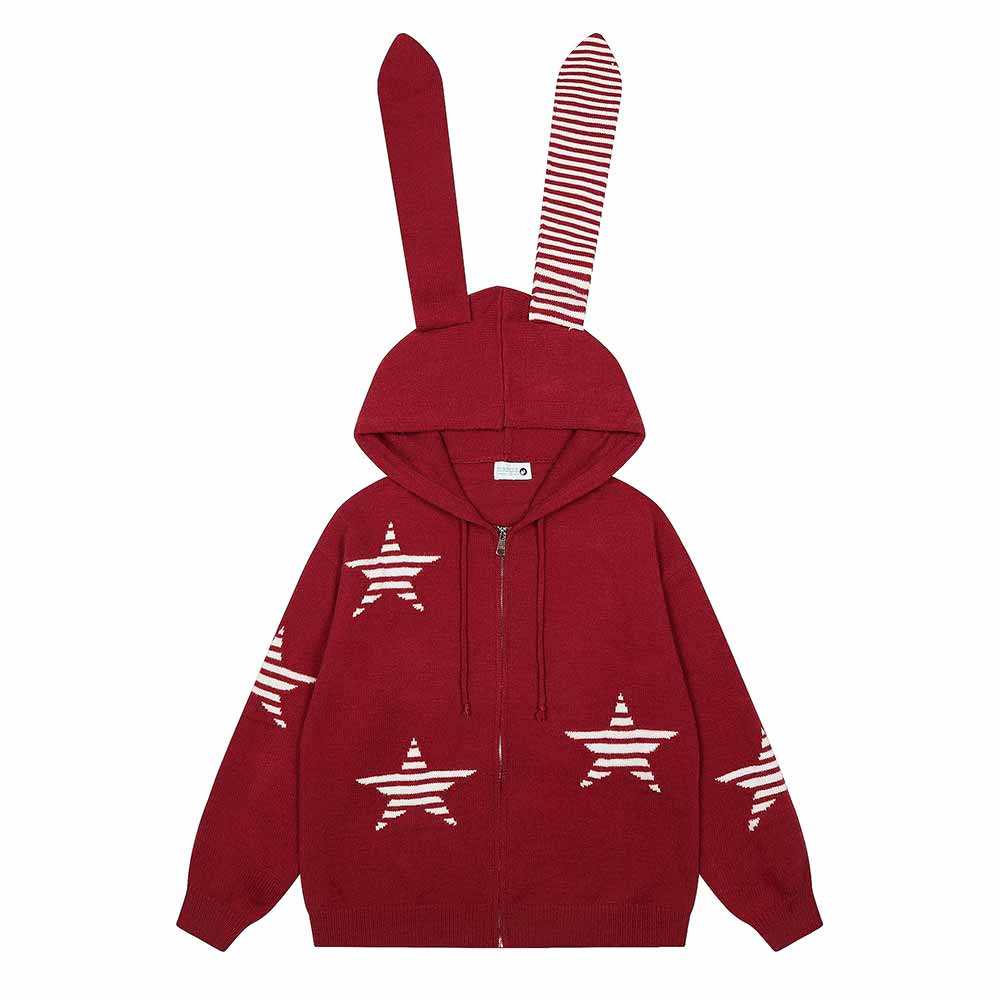 American Style Bunny Ear Star Hooded Sweater Cardigan | Gthic.com