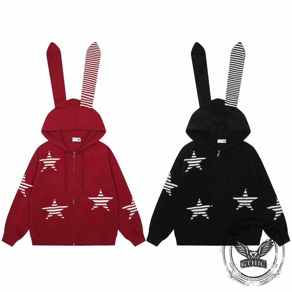 American Style Bunny Ear Star Hooded Sweater Cardigan | Gthic.com
