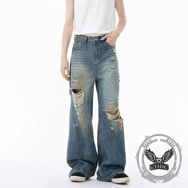 American Style Distressed Dirty-Dyed Wide-Leg Jeans 01 | Gthic.com