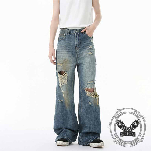 American Style Distressed Dirty-Dyed Wide-Leg Jeans 01 | Gthic.com