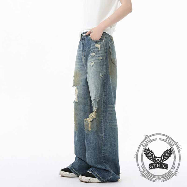 American Style Distressed Dirty-Dyed Wide-Leg Jeans 02 | Gthic.com